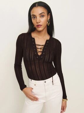 Reformation Nadia Regenerative Wool Lace Up Sweater Chocolate Brown Size Medium